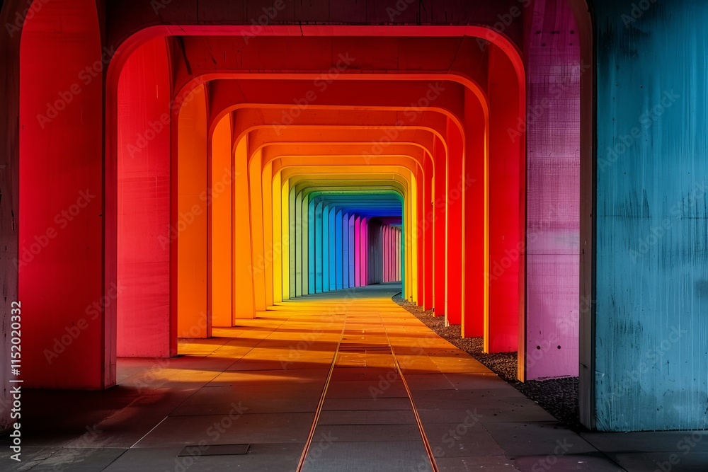 Fototapeta premium Vibrant rainbow tunnel under a bridge creating a colorful perspective
