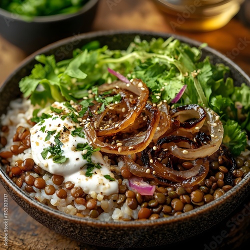 Lebanese Mujaddara with Lentils, Rice, Caramelized Onions, and Tahini Sauce photo