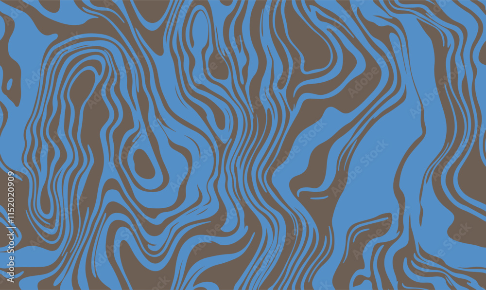 Fototapeta premium Blue and beige diagonal wavy lines seamless pattern. Simple vector abstract liquid stripes background. Funky groovy texture with diagonal waves, fluid shapes, flow. Stylish repeated decorative design
