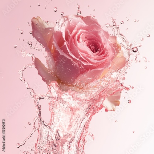 A close-up view of pink rose champagne in mid-splash, set against a light pink background. photo