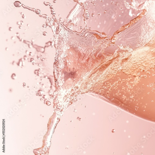 A close-up view of pink rose champagne in mid-splash, set against a light pink background. photo