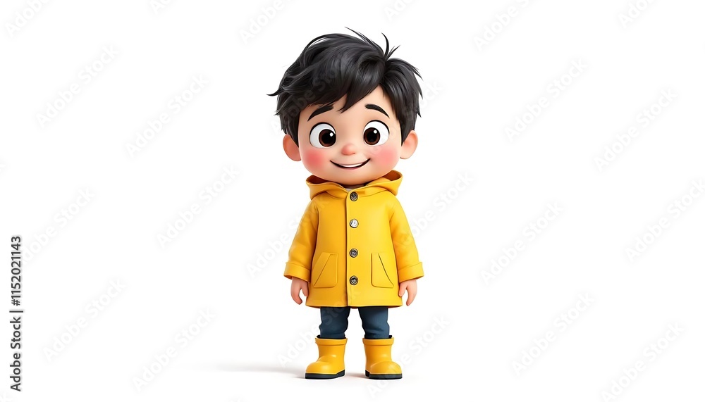Adorable 3D Boy Yellow Raincoat Smiling White Background Adorable 3D Boy Yellow Raincoat Smiling White Background