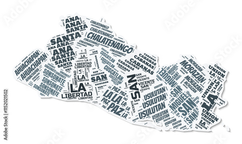El Salvador shape text cloud. Country border with shadow on white background. El Salvador with regions division in vintage gazette style. Elegant vector illustration.
