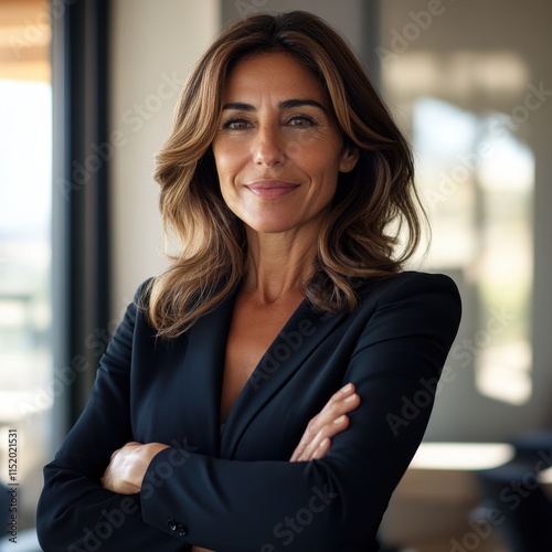 A confident and professional businesswoman standing in her office, with a happy demeanor and arms crossed, looking directly at the camera. photo