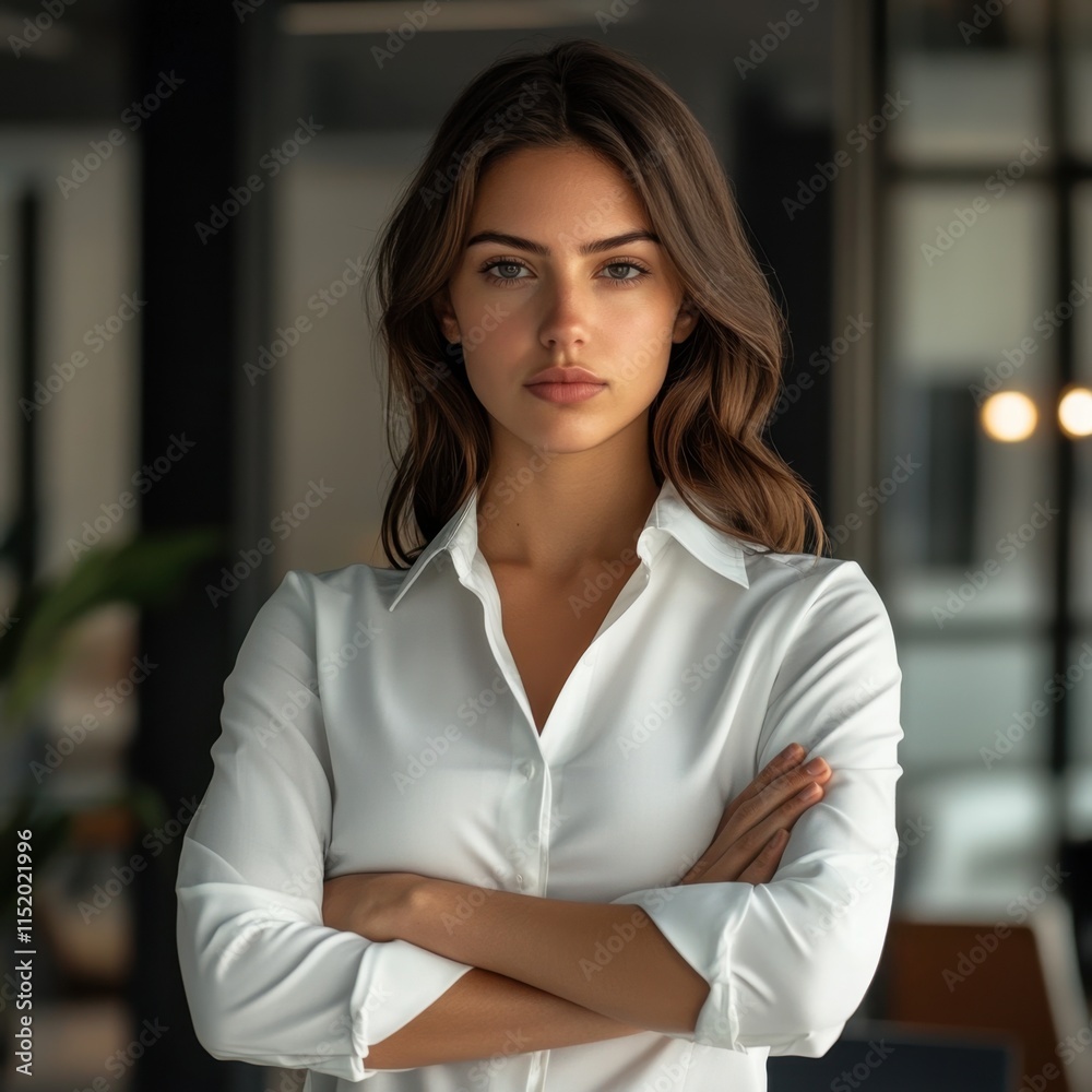 A confident businesswoman in a white shirt stands with her arms crossed in a modern office setting, exuding professionalism and success. A confident businesswoman in a white shirt stands with her arms crossed in a modern office setting, exuding professionalism and success.