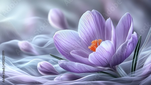 Delicate purple crocus blossom on sheer fabric.