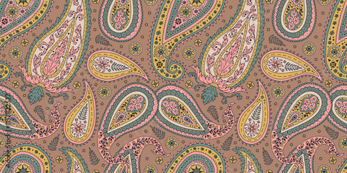 Colorful seamless pattern with Paisley motifs on brown background. Traditional indian repeat design. Mughal abstract wallpaper