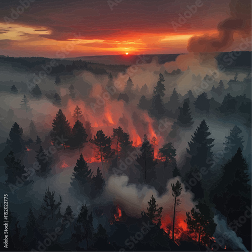 Aerial View of a Forest Fire with Dramatic Smoke and Flames at Sunset"