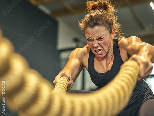 Obraz na płótnie Focused athlete training with battle ropes for strength in intense gym workout. w salonie