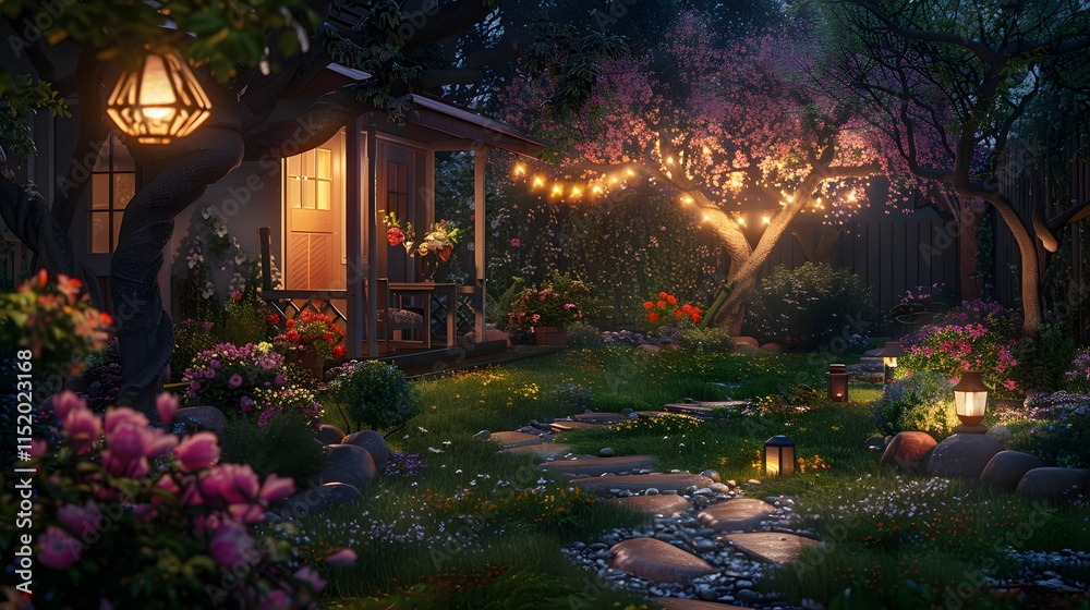 Serene Evening Garden with Lanterns and Blossoming Plants Serene Evening Garden with Lanterns and Blossoming Plants