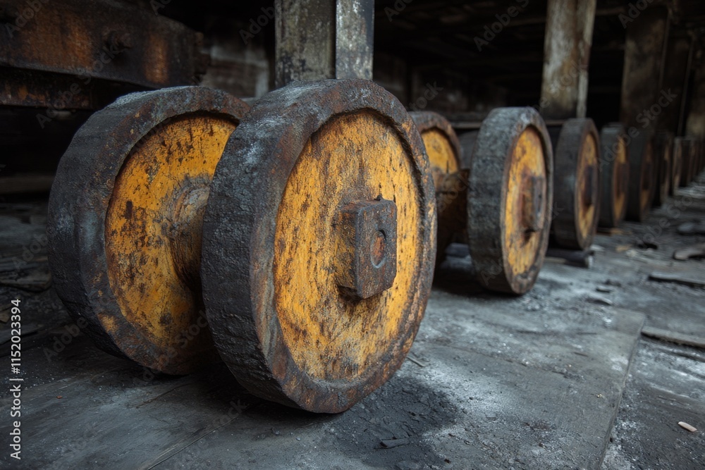 Large rusty industrial wheels in an abandoned building Large rusty industrial wheels in an abandoned building