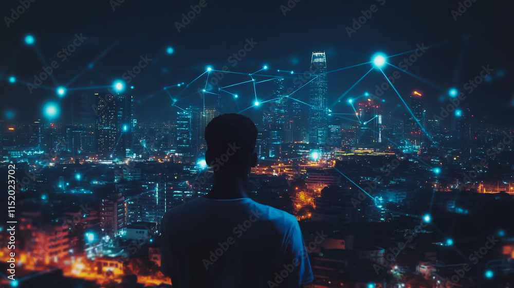 Obraz premium Smart digital city with connection cyber security network reciprocity over the cityscape . future smart wireless digital city and social media networking systems that connects people within the city