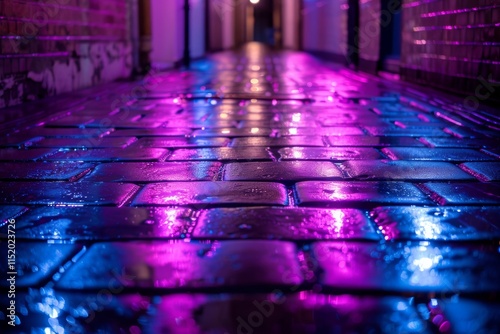 Colorful wet pavement illuminated by neon lights in a narrow urban alleyway during the evening