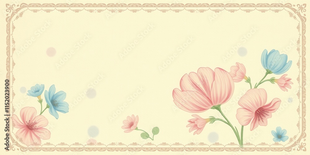 A delicate floral border with soft pastel flowers and a light brown ornate frame on a pale yellow background A delicate floral border with soft pastel flowers and a light brown ornate frame on a pale yellow background