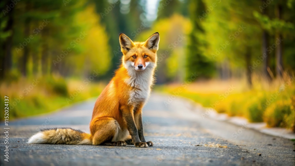 Fototapeta premium Miniaturized spring scene: a red fox creates a charming roadblock on Yellowstone's Fox Road.