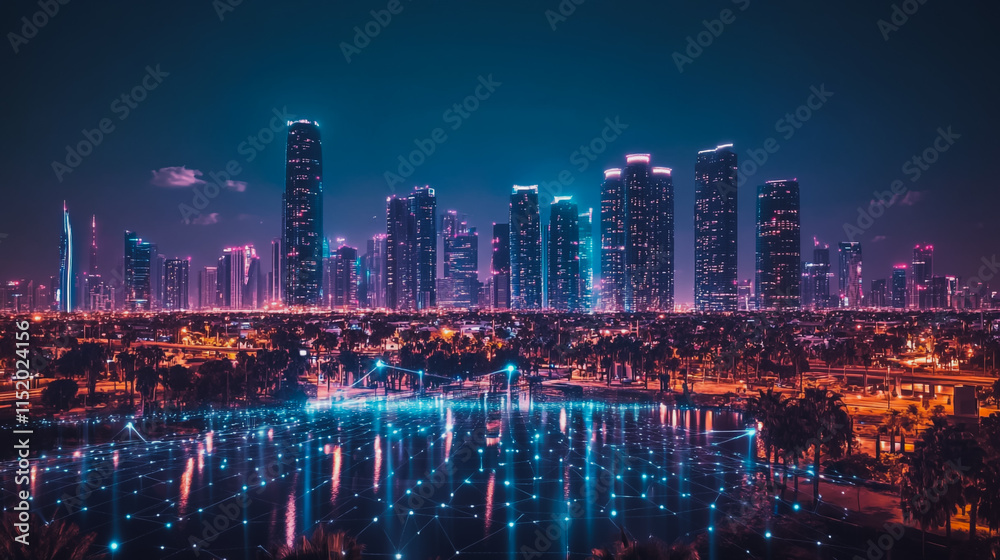 Fototapeta premium Smart digital city with connection cyber security network reciprocity over the cityscape . future smart wireless digital city and social media networking systems that connects people within the city