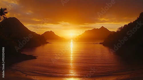 Golden Sunset Tropical Bay Silhouette Mountains Calm Ocean Landscape photo