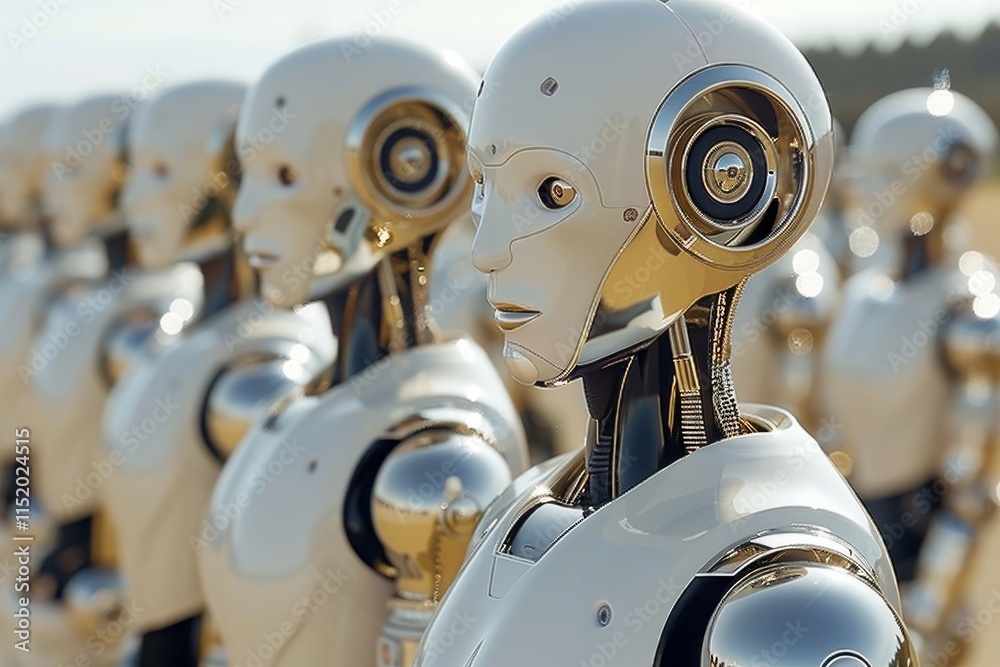 Fototapeta premium Futuristic robots standing in formation during a technology exhibition demonstrating advancements in artificial intelligence