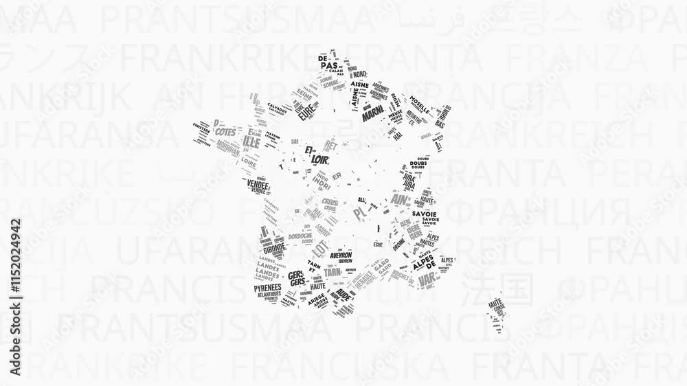 France intro animation. Country with regions illustration video. Background with country names in various languages. Regions of France animation. Creative video.