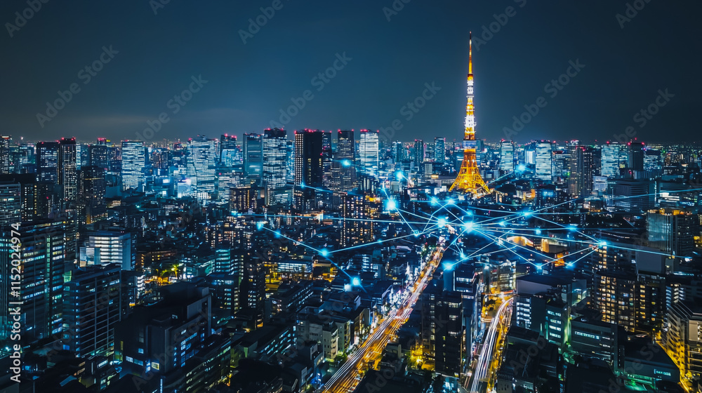 Fototapeta premium Smart digital city with connection cyber security network reciprocity over the cityscape . future smart wireless digital city and social media networking systems that connects people within the city