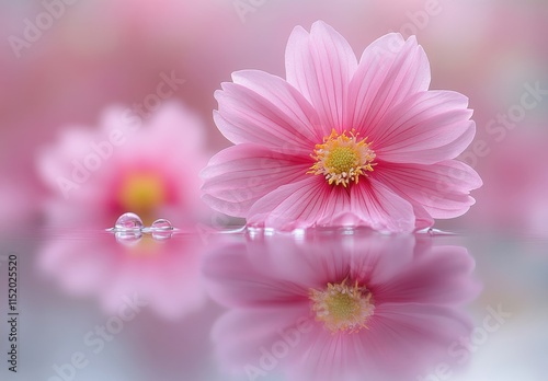 [Closeup of pink flowers with yellow centers on water] Vibrant Pink Flowers Reflections Waterfall Beauty Close-up Nature Photography