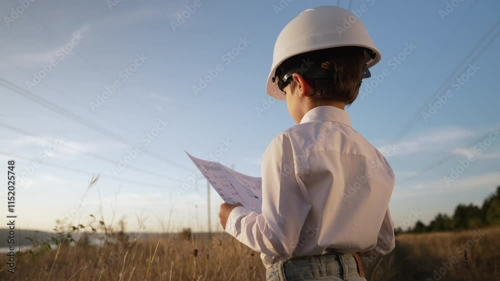 Preschool boy as engineer or manager with safety helmet. Job in electrical industry, serious smart kid reading documents on electric voltage towers background Preschool boy as engineer or manager with safety helmet. Job in electrical industry, serious smart kid reading documents on electric voltage towers background