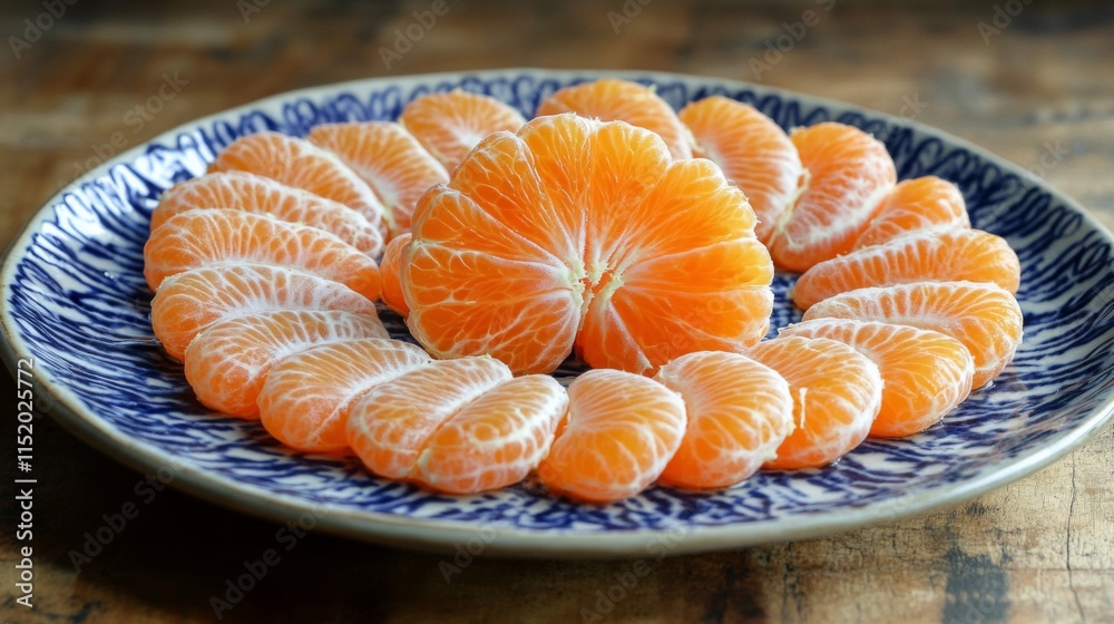Slices of mandarin oranges arranged on a decorative plate Slices of mandarin oranges arranged on a decorative plate