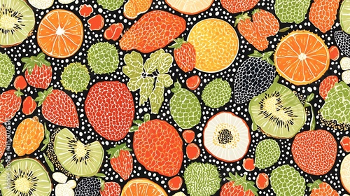 A Vibrant Pattern of Sliced Fruit on a Black Background with White Dots photo