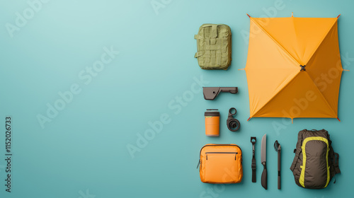 Overhead view of campsite gear, includes orange tent and backpack