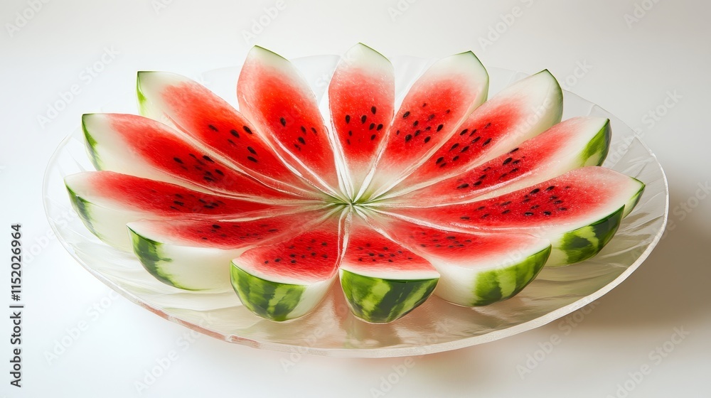 A decorative platter of watermelon slices arranged artistically. A decorative platter of watermelon slices arranged artistically.