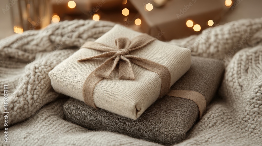 Two presents are stacked on top of each other on a blanket Two presents are stacked on top of each other on a blanket
