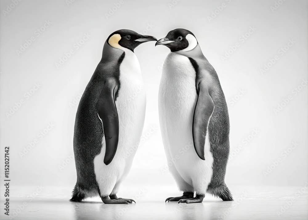 Fototapeta premium Minimalist penguin romance: A charming black and white photo of Antarctic love.