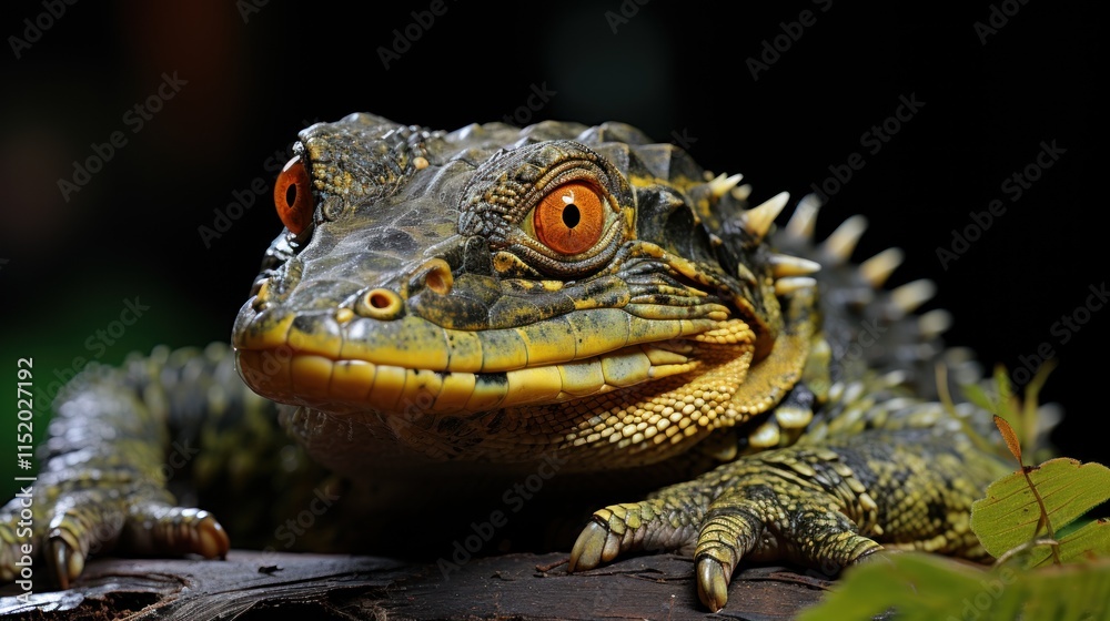 Fototapeta premium Close-Up of a Spectacled Caiman Lizard with Striking Orange Eyes