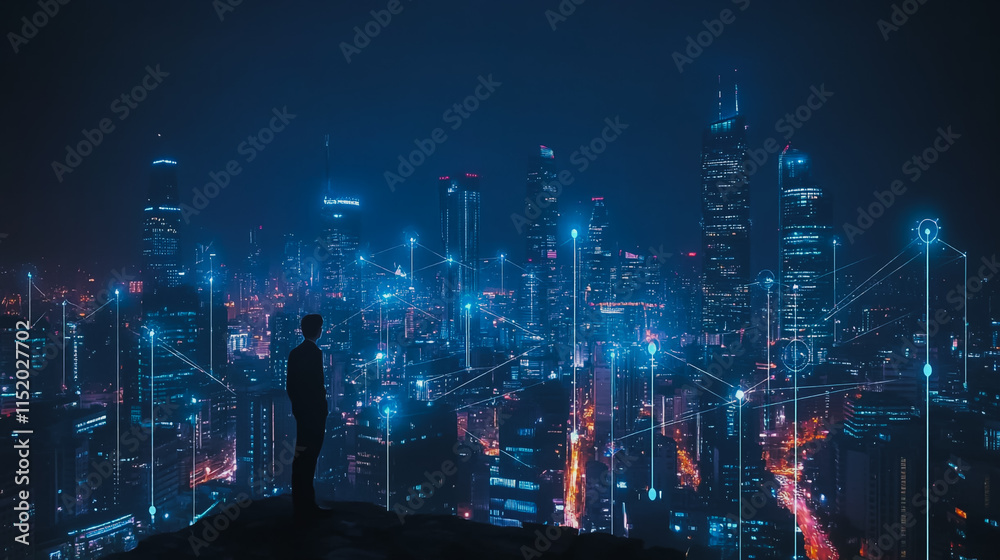 Fototapeta premium Smart digital city with connection cyber security network reciprocity over the cityscape . future smart wireless digital city and social media networking systems that connects people within the city