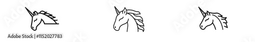 A sleek black unicorn silhouette serves as a fairy tale symbol, depicted in a modern flat icon on a white and purple background, creating a magical logo.