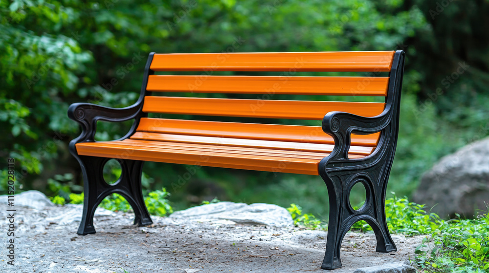 Recycle conservation renewal sustainability concept. A wooden bench with iron arms set in a lush green environment. Recycle conservation renewal sustainability concept. A wooden bench with iron arms set in a lush green environment.