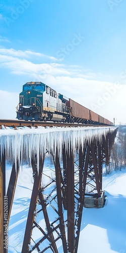 Freight train crosses icy bridge in winter landscape against a clear blue sky. photo