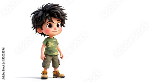 Adorable Cartoon Boy Camo Shirt Standing White Background photo