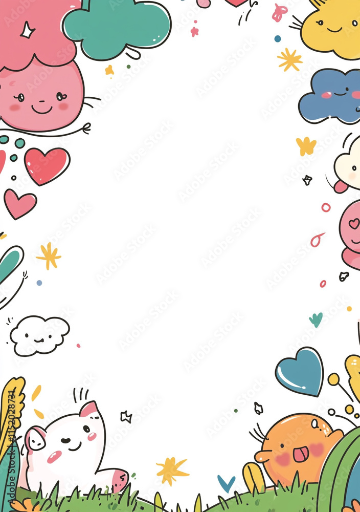 A frame with cartoon characters and hearts illustration. A frame with cartoon characters and hearts illustration.