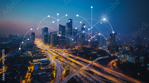 Smart digital city with connection cyber security network reciprocity over the cityscape . future smart wireless digital city and social media networking systems that connects people within the city