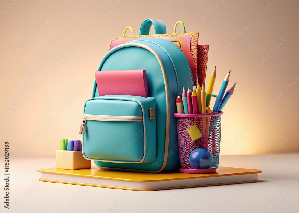 Fototapeta premium 3D School Backpack & Stationery Render