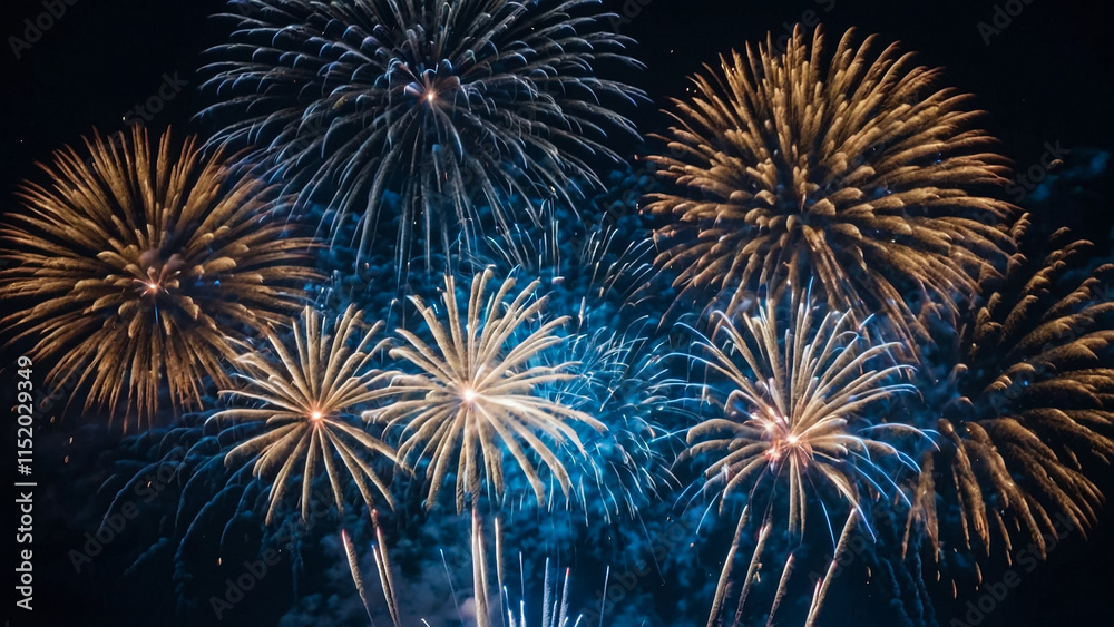 Naklejka premium Multicolored bright festive fireworks in the night sky.