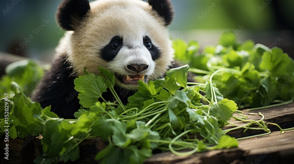 Fototapeta premium Adorable Panda Cub Enjoying a Delicious Meal of Fresh Greens