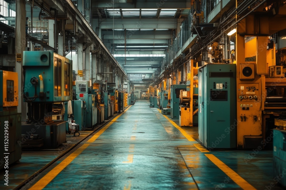 Fototapeta premium Expansive factory interior with machinery and assembly lines