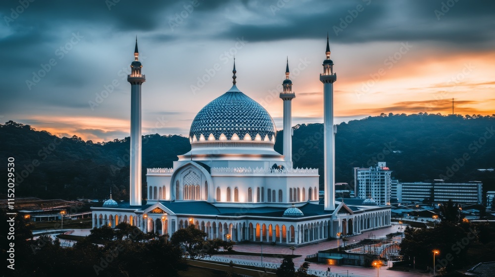 Fototapeta premium Tranquil Mosque Amidst Serene Garden Landscape