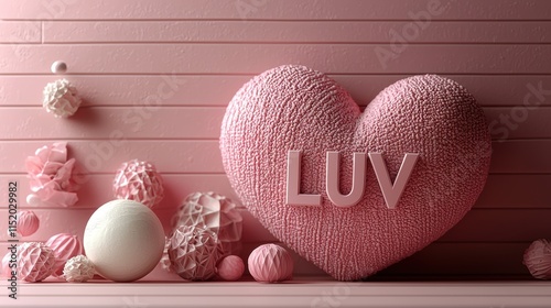 Textured pink heart with 'LUV' text surrounded by decorative paper spheres and pastel elements against a wooden pink wall, perfect for romantic, love-themed, or Valentine's Day designs.