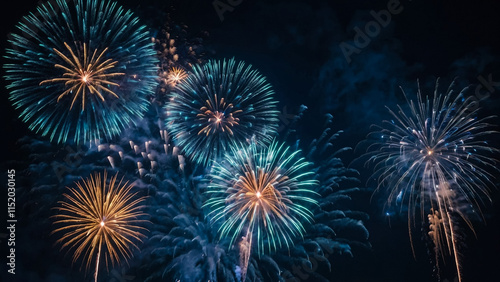 Multicolored bright festive fireworks in the night sky.