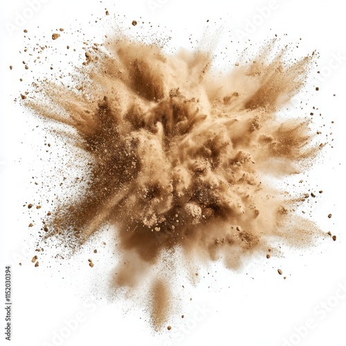 A dramatic explosion of dry sand isolated on a transparent or white background in PNG format. photo