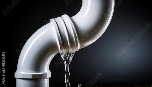 A white PVC pipe with a U-bend joint leaking water at the connection point