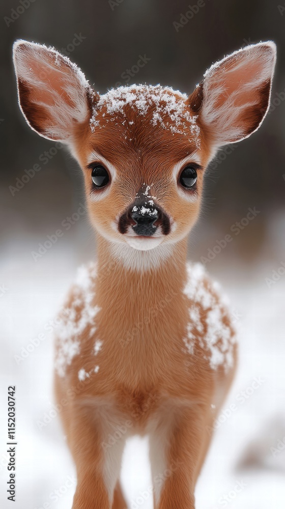 [Whimsical winter deer photo] Snowy Forest Encounter: Young Deer Stands Serenely Amidst Winter Whimsy